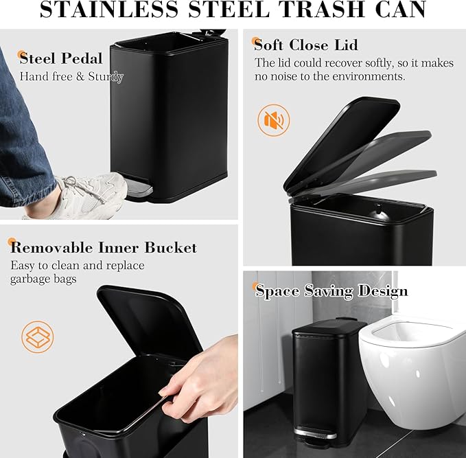 Black Bathroom Accessories Set, 7 Pcs Matte Black Bathroom Accessory Set with Trash Can, Soap Dispenser, Toothbrush Holder, Soap Dish, Vanity Tray, Qtip Holder, Modern Bathroom Sets Complete Decor