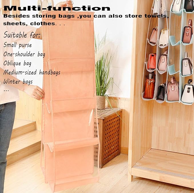 AARAINBOW 1 Pack Hanging Handbag Purse Organizer, Hand Bag Organizer Space Saving, 8 Pockets Wardrobe Organizer, Purse Holder for Closet, 46 L x 13.8W (B-Light Pink)