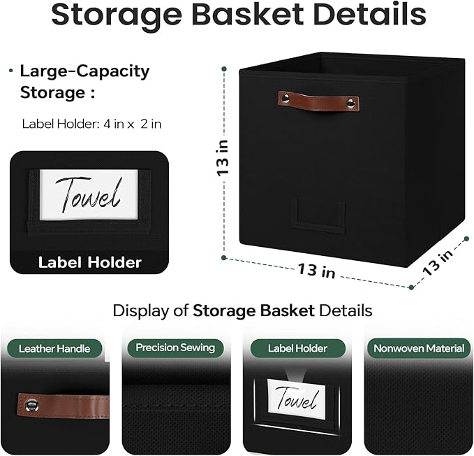 6-Pack Storage Cubes with Handles & Label Holders Basket, Closet Cube Home Organizer Bins(Black, 13 x 13 x 13 inch)