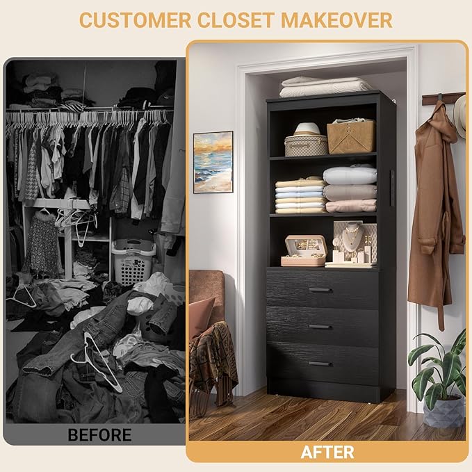 Aheaplus 23.6" Closet Drawers System, Wood Closet Organizer System with 3 Drawers, Modular Small Walk-in Closets Storage Unit, Black (23.6" L x 13.8" W x 71" H)