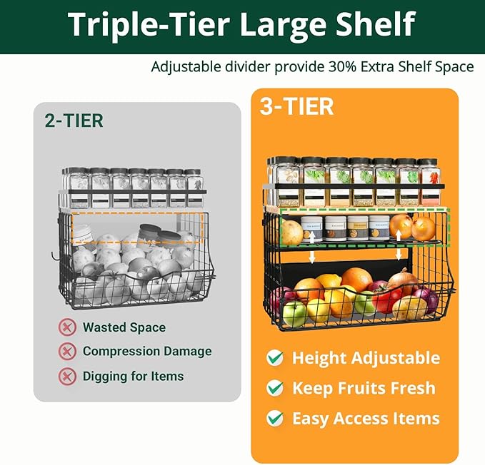 3-Tier Magnetic Shelf for Fridge with Divider & Bamboo Top, Fruit Basket Potato and Onion Storage Bins, Kitchen Large Container Magnetic Spice Rack for Refrigerator, Kitchen Counter, Fridge Organizer