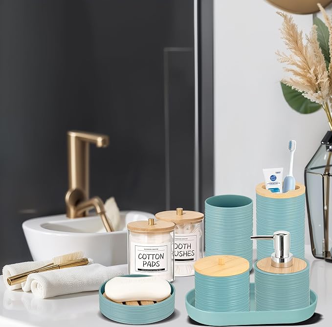 IMAVO Bathroom Accessory Set-11Pcs Blue Bathroom Accessories Set with Trash Can,Soap Dispenser,Soap Dish,Toothbrush Holder,Toothbrush Cup,Toilet Brush Holder,Qtip Holder Dispenser with Labels