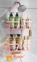 Shower Caddy Hanging, Pink Over the Shower Head Caddy with Soap Holder, Bathroom Organizer with Hooks for Razors and Bath Sponges
