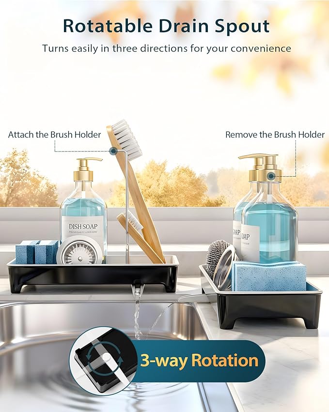 Minimalist Sink Caddy, Rustproof Sponge Holder for Kitchen Sink with 304 Stainless-Steel Brush Holder, Countertop Rack Organizer with Raised Ridges & Silicone Drain Tube (Black)