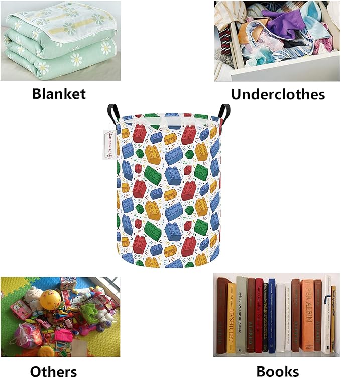 QUEENLALA Large Storage Basket,Laundry Hamper/Bathroom/Home Decor/Collapsible Round Storage Bin,Boys and Girls Hamper/Boxes/Clothing(Round-Blocks)