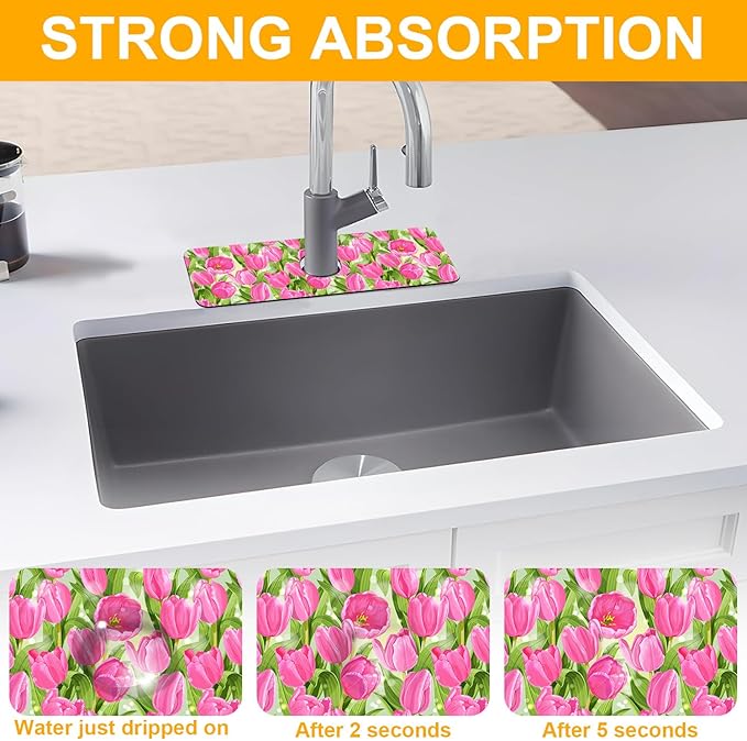 2 Pack Watercolor Tulips Sink Faucet Absorbing Mat Pink Tulips Super Absorbent Fast Drying Mat Sink Gadgets Behind Faucet Sinkmat for Kitchen Bathroom, 15.5"x5.5"