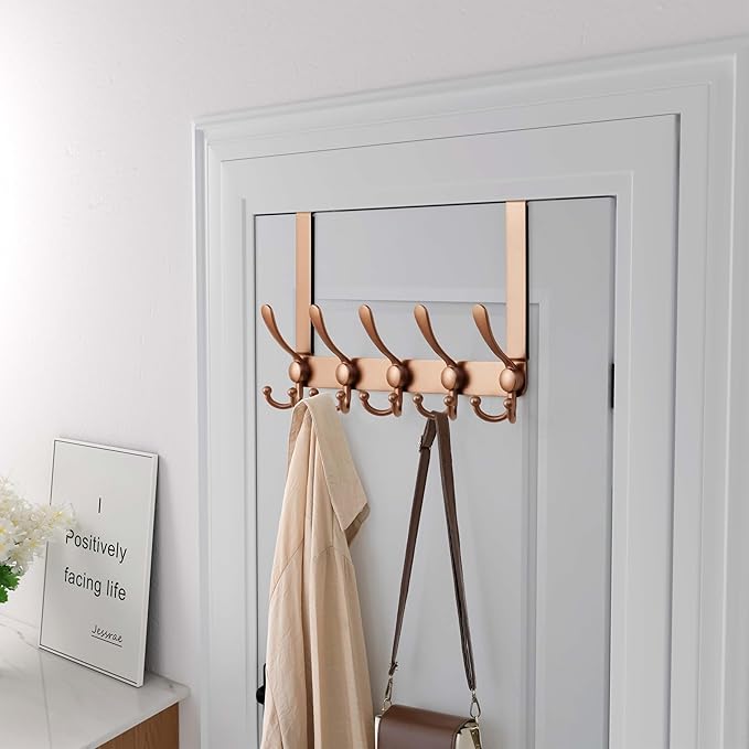 Dseap Over Door Hook 2.0 - Upgraded Version - Simple-Assembly, Strong, Heavy-Duty Stainless Steel 5-Tri-Hook Over The Door Hanger Rack, SimpleStrong Series, Rose Gold