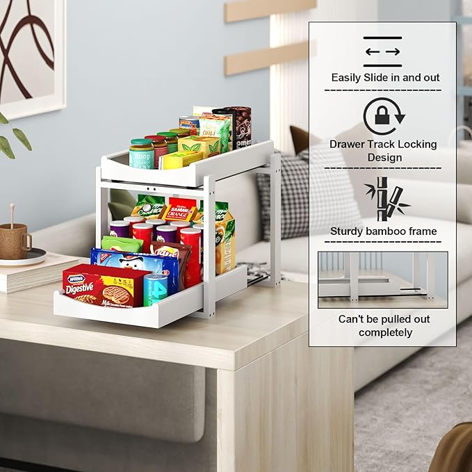 Bamboo Under Sink Organizer and Storage, 1 Pack Pull Out Cabinet Organization, 2 Tier Vertical Slide Out Undersink Storage Shelf, Multi-Purpose Organizer Shelves for Kitchen Bathroom Medicine, White