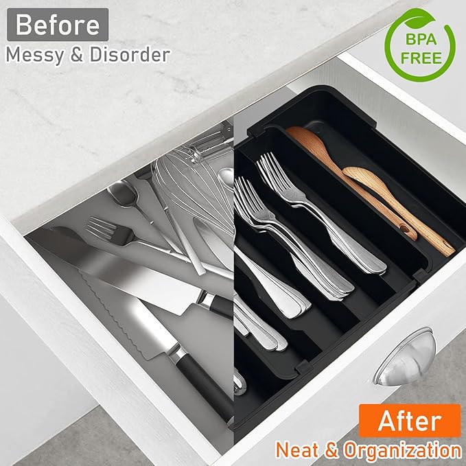 Kitchen Silverware Organizer for Drawer - Expandable Silverware Drawer Organizer Adjustable Utensil Drawer Holder, Flatware Cutlery Tray for Spoons Forks Kitchen Organizers Storage,Black, S