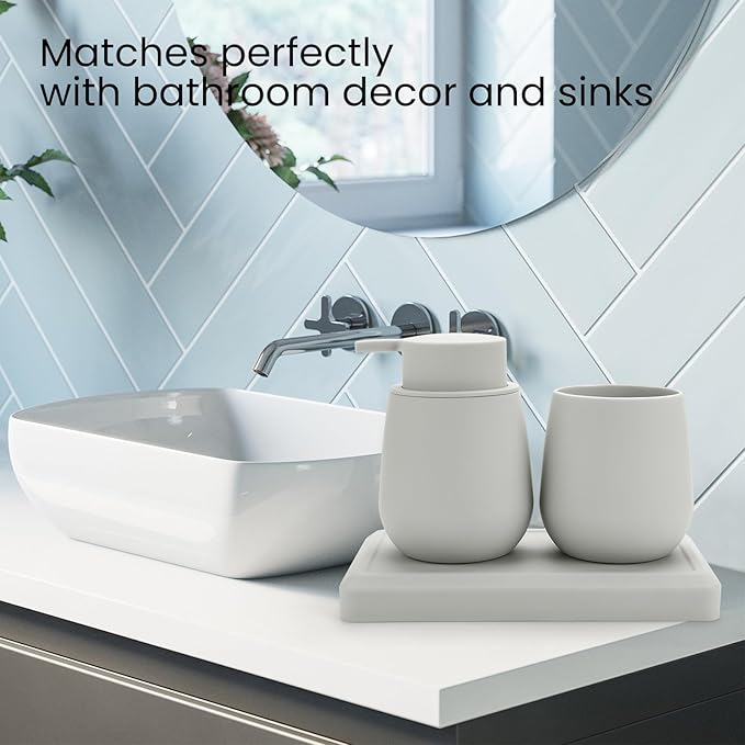 Bathroom Accessories Set, Modern 3 Pcs Bathroom Essentials - Soap Dispenser, Toothbrush Holder & Tray, Countertop Vanity Organizer (Beige)