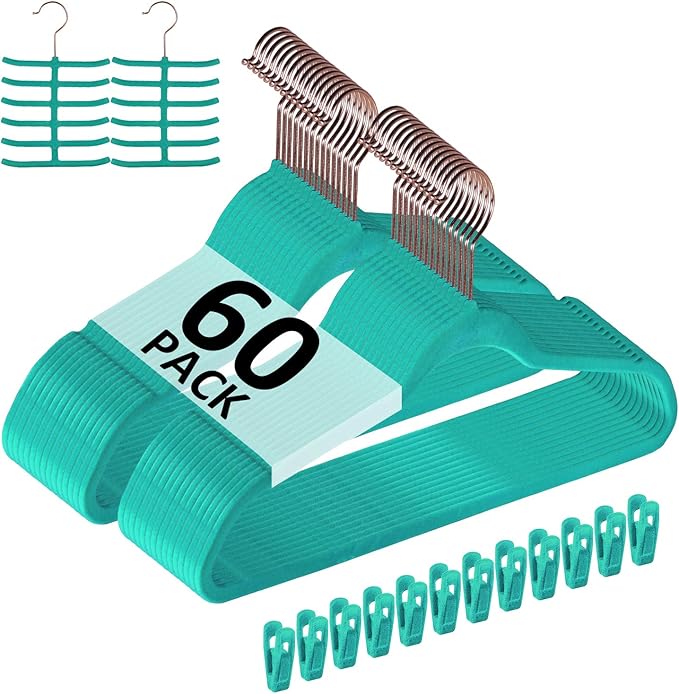 VECELO Premium Velvet Clothes Hangers Suit Heavy Duty (60 Pack)-Non Slip & Space-Saving with 8 Finger Clips & Tie Rack Excellent for Men and Women,Light Teal