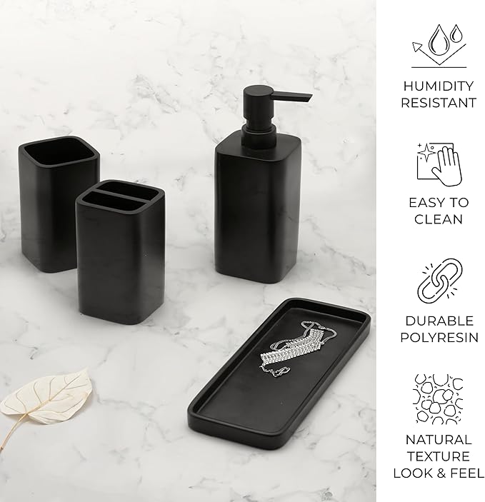 ZCCZ Beige Bathroom Accessory Sets, 4 Pieces Bathroom Accessories Complete Set Vanity Countertop Accessory Set, Includes Lotion Dispenser Soap Pump, Tumbler, Toothbrush Holder and Tray