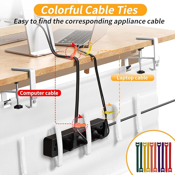 No Drill Under Desk Cable Management Tray, 28" Cord Organizer with Clamp, Fabric Cable Management for Standing Desks, Ideal for Home & Office - White