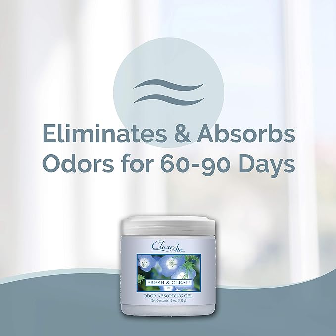 Clear Air 15oz Gel Odor Eliminator - Absorb & Remove Strong Odors from Pets, in Bathrooms, Basements, Garage, Cars, RVs & Boats - Eliminate Tough Odors with Essential Oils (Fresh & Clean, 2-Pack)