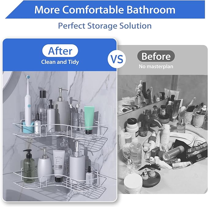 Moonlit Pond Corner Shower Caddy, 2 Pack Adhesive Shower Corner Organizer Shelves, No Drilling Stainless Steel Shower Storage Rack for Bathroom, Dorm and Kitchen, White