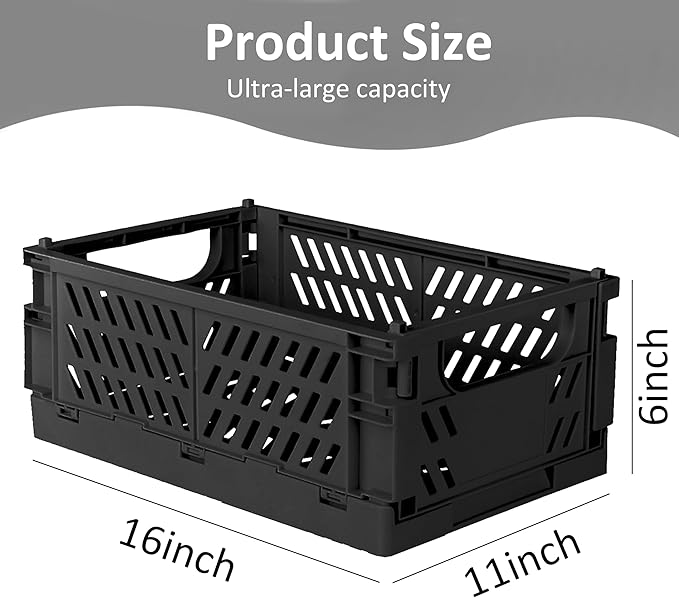 Tixill 2-Pack Mini Foldable Plastic Storage Box Mini Plastic Baskets for Organizing and Storage for Home Kitchen Bedroom Bathroom Office. (Black, 16x11x6)