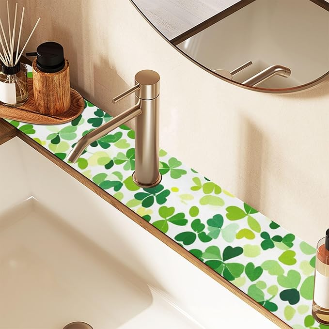 Bright Green Clover St. Patrick Kitchen Sink Splash Guard Sink Faucet Mat Faucet Handle Drip Catcher Drain Mats for Kitchen Bathroom Countertop Absorbent Dish Dry