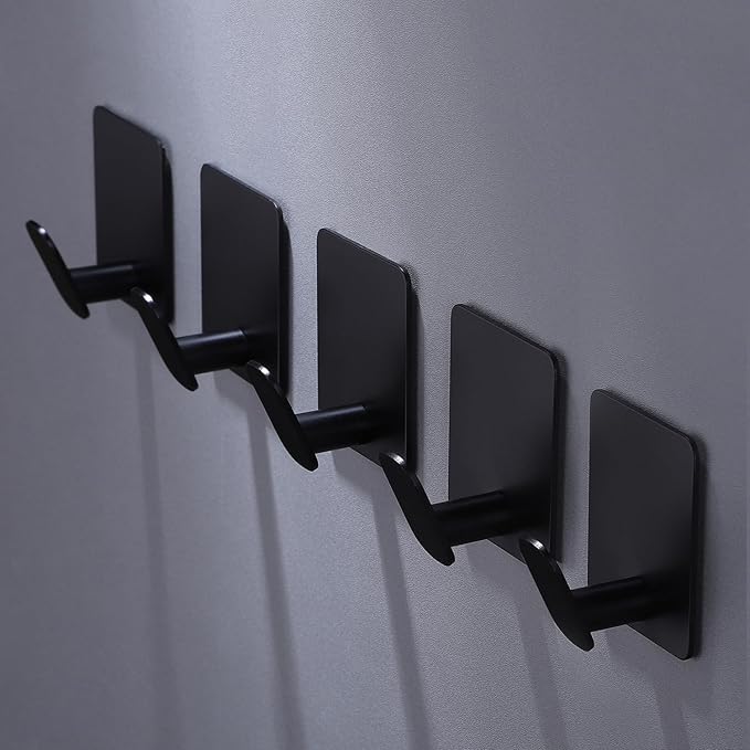 DELITON 8 Pack Adhesive Towel Hooks - Bathroom Towel/Wall Hooks for Hanging Coat Robe Stick on Bathroom or Kitchen Matte Black Stainless Steel