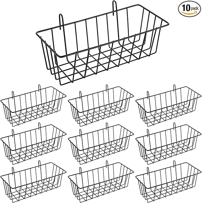 10 PCS Wall Grid Panel Hanging Wire Basket, Storage and Display Basket, No Drilling Wall Hanging Baskets, Grid Walls Accessory, for Kitchen Bathroom Home Decor Supplies, Black