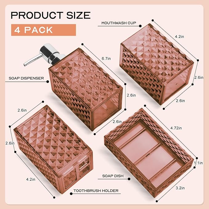 Bathroom Accessory Set, Grid Pattern 4 Pcs Plastic Bathroom Set Include Soap Dispenser, Soap Dish, Toothbrush Holder, Mousewash Cup, Modern Bahtroom Décor Set(Orange)