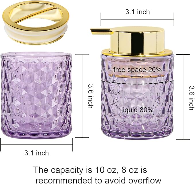 Bathroom Accessories 2 Piece Set Glass Soap Dispenser and Toothbrush Holder, 10oz Foaming Soap Dispenser, Purple Toothbrush and Toothpaste Holder Organizer Cup for Modern Bathroom Decor