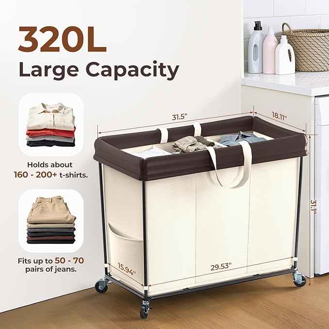 320L Laundry Hamper with Wheels, 3 Section Large Rolling Laundry Basket Bag with Wheels, Clothes Hamper Cart for Laundry, Bedroom, Bathroom and Dorm