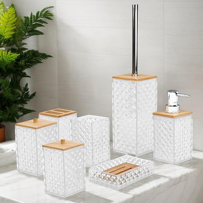 Bathroom Accessory Set,7 Pcs White Bathroom Set Include Soap Dispenser, Qtip Holder Dispenser, Soap Dish,Toilet Brush,Toothbrush Holder & Mouthwash Cup.Boho Bathroom Set