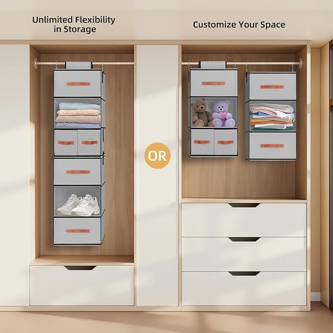Hanging Closet Organizer 6-Shelf, Upgrade Hanging Shelves for Closet with 5 Removable Drawers & Side Pockets, Hanging Shelf Organizer for Bedroom or Garment Rack, 12.6'' x 12.6'' x 44.1'', Gray