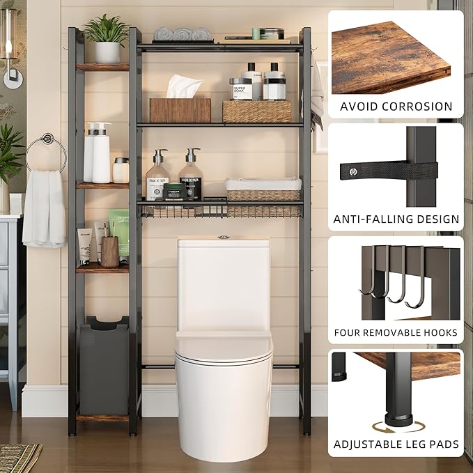 Over The Toilet Storage with Side Rack, 7-Tier Bathroom Organizer with Adjustable Shelf & Drain Basket & 4 Hooks, Freestanding Space Saver for Balcony, Laundry (Vintage Brown)