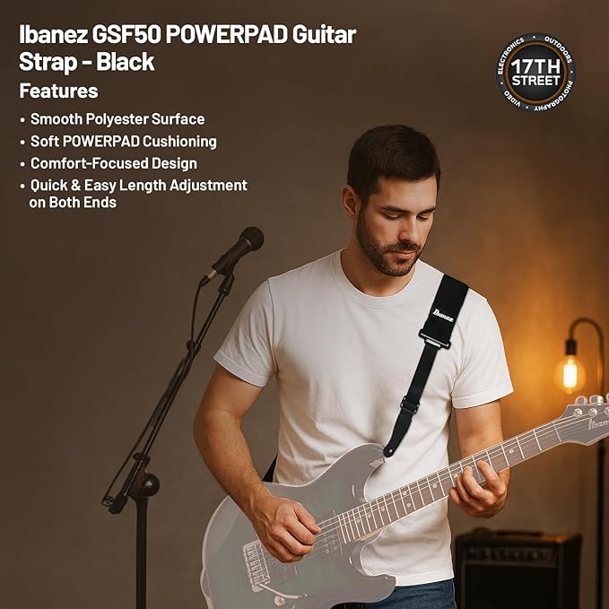 Ibanez GSRM20 4-String Solid Body Bass Guitar (Black) - Right Handed Poplar Body Bass with GSF50 Powerpad Strap, 15 Pack Guitar Picks with Storage Box & Microfiber Cleaning Cloth (Bundle Set)