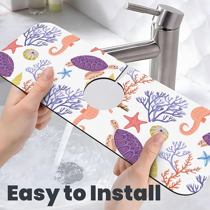 Faucet Draining Mat For Kitchen Sink, Purple Beach Sea Turtle Diatom Mud Absorbent Drain Pad For Bathroom Kitchen Sink Splash Guard Drying Mat