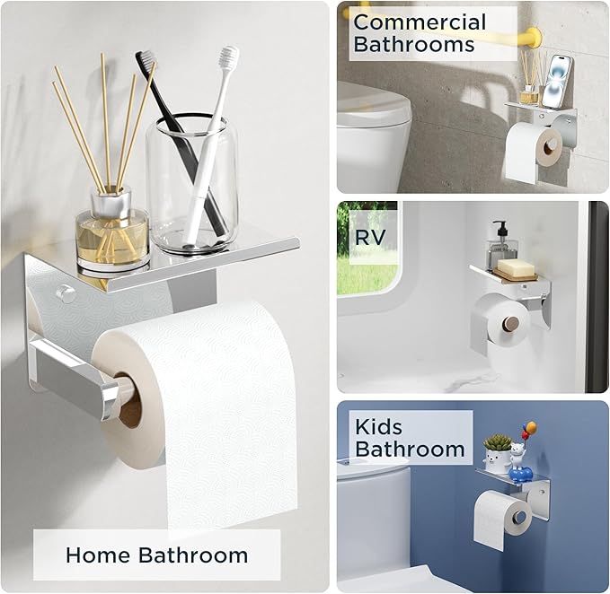 FORIOUS Toilet Paper Holder with Shelf, Adhesive or Screw Wall Mount Toilet Roll Holder for Bathroom, Rustproof 304 Stainless Steel Commercial Toilet Tissue Holder with Phone Shelf, Chrome
