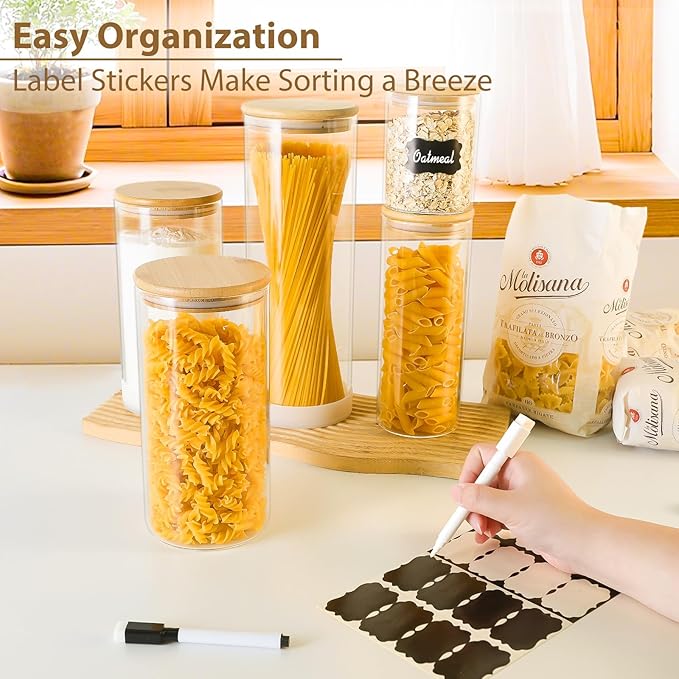 53oz Round Glass Storage Containers with Bamboo Lids – 4 Pack Large Airtight Glass Jars for Pantry Organization, Kitchen Dry Food, Flour, Cereal, Coffee Beans & Staples