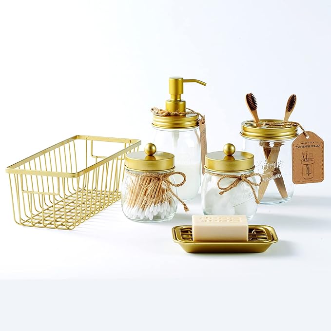 SheeChung Mason Jar Toothbrush Holders, Glass Toothbrush Holders for Bathroom, Bathroom Essentials, Mason Jar Bathroom Accessories Set, Bathroom Countertop Organizer-Gold
