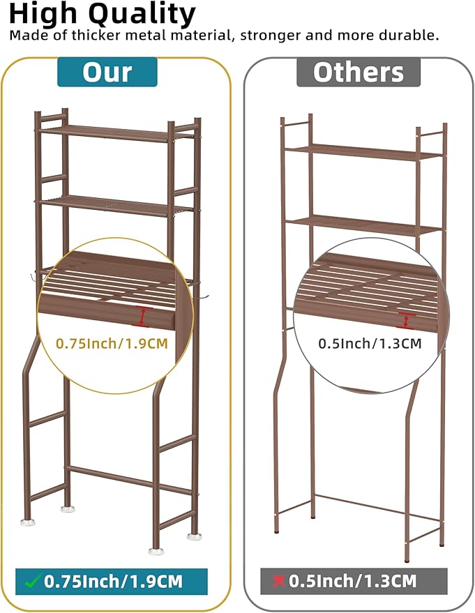 3-Tier Over The Toilet Storage, Freestanding Metal Bathroom Shelves with 4 Hooks, Over Toilet Storage Shelf with Paper Holder, Above The Toilet Shelf for Bathroom Storage, Bronze