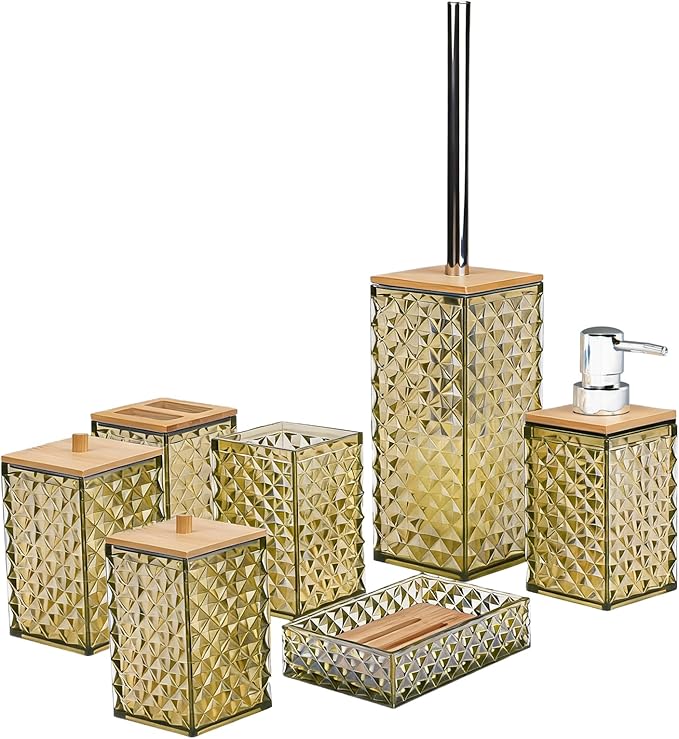 Bathroom Accessory Set,7 Pcs Beige Bathroom Set Include Soap Dispenser, Qtip Holder Dispenser, Soap Dish,Toilet Brush,Toothbrush Holder & Mouthwash Cup.Boho Bathroom Set