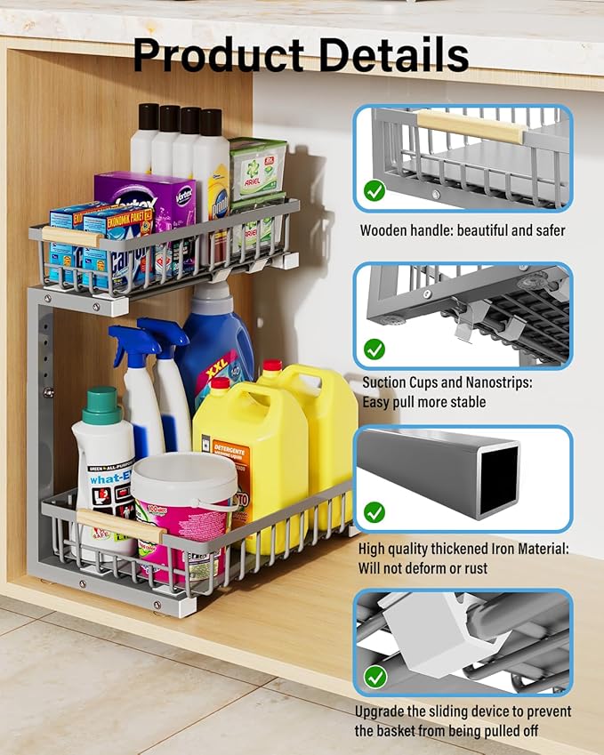 Under Sink Organizer Storage for Families: Pull Out Storage Undersink Organizers Drawer Cabinet - Sliding 2 Tier Rack Metal Organization Under Counter Kitchen Bathroom for Homemakers(Gray,2 Pack)