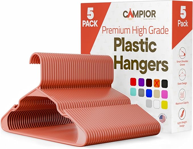 Plastic Clothes Hangers – Heavy Duty Hanger Set, for Organizing Clothes, Dresses, and Coat, Holds Up to 5 lbs, Space-Saving Hangers with Non-Slip Shoulder Grooves, Pack of 5, Brown