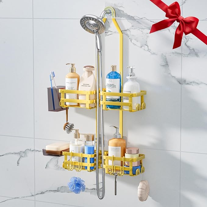 Aluminum Shower Caddy Hanging, Never Rust Shower Organizer- 4 Levels with adjustable Height 10 Hooks for Razor/Sponge - Rack with Soap Basket (Gold)
