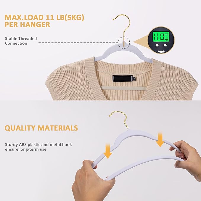 Velvet Hangers, Set of 60 Pack Clothes Hanger with 360° Swivel Gold Hook, Non-Slip, and Space-Saving, 0.2-Inch Thick, 17.7-Inch Long for Suit, Coat, Shirt, Dress, Pants - White