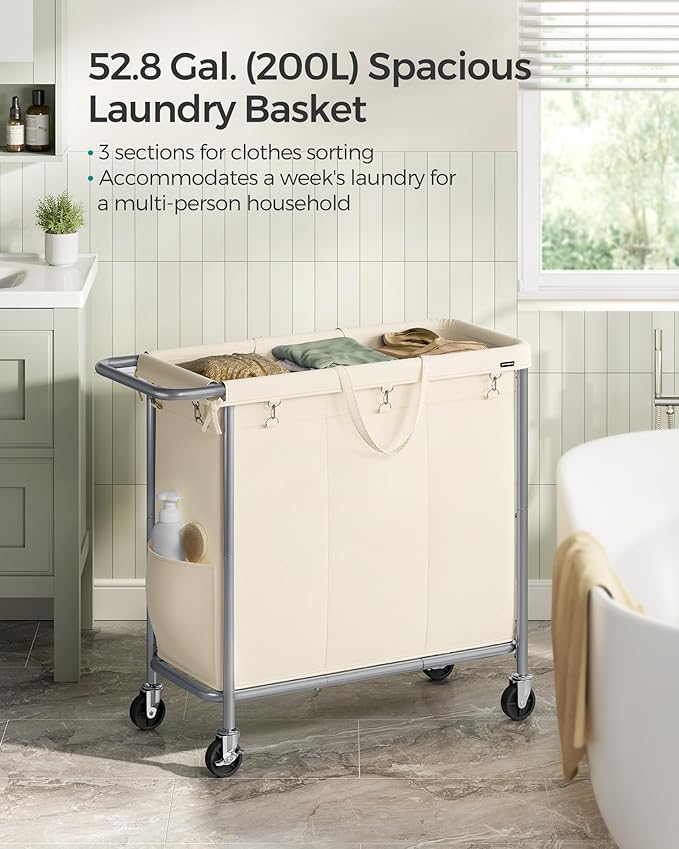 SONGMICS Laundry Basket with Wheels, 3-Section Rolling Laundry Hamper, 52.8 Gallons (200 L), Removable Liner, Steel Frame with Handle, 35.8 x 15.4 x 31.9 Inches, Cream White URLS005W01
