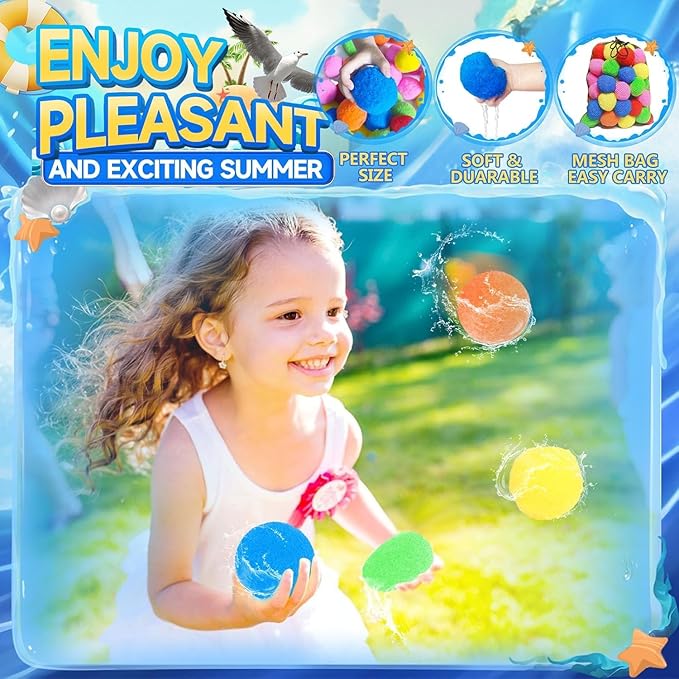 Water Balls Quick Fill Water for Pools, Fighting, Water Companions, Water Balloons for Outdoor Family, Friends, Backyard Summer Splash Party Gift (60pcs - Reusable Sponge Water Balls)