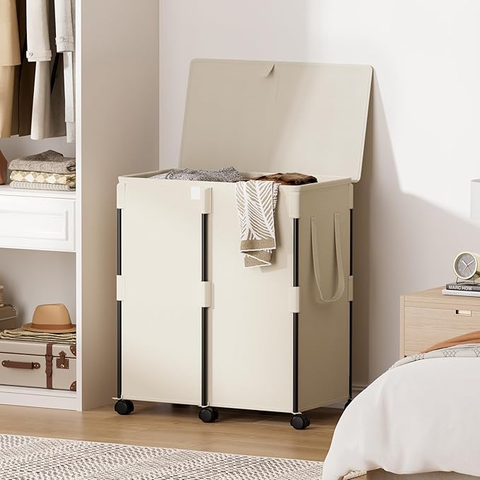 Chrislley 140L Large Double Laundry Hamper with Lid and 6 Wheels, Rolling Laundry Basket with 2 Removable Bags, Heavy Duty Metal Frame Laundry Cart, Dirty Clothes Hamper for Bathroom, Bedroom (Beige)
