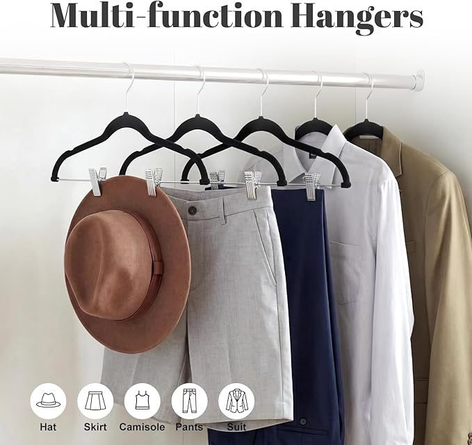 HOUSE DAY Velvet Skirt Hangers 36 Pack, Black Velvet Pant Hangers with Adjustable Clips, Space Saving Slim Shorts Hanger, Heavy Duty Non Slip Clip Hanger for Pants, Skirts, Shorts