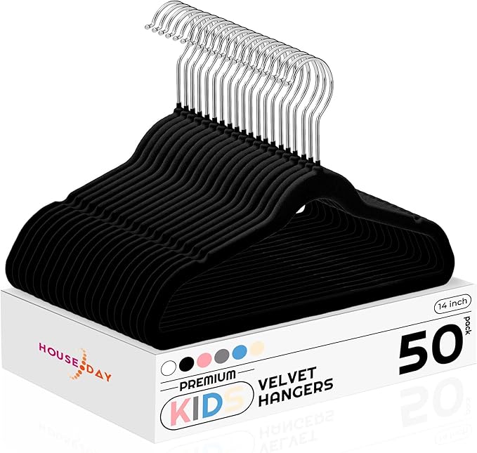 HOUSE DAY 14 Inch Kids Velvet Hangers 50 Pack, Durable Big Kid Hangers for Youth, Teen, Non Slip Kids Felt Hanger, Cute Childrens Hanger for Closet, Black