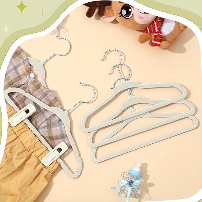 Soaoo 50 Pack Premium Baby Velvet Hangers with Adjustable 100 Clips, Non Slip 11 Inch Slim Kids Closet Organizer for Pants, Dresses & Matching Outfits, Nursery & Toddler Wardrobe (Beige)