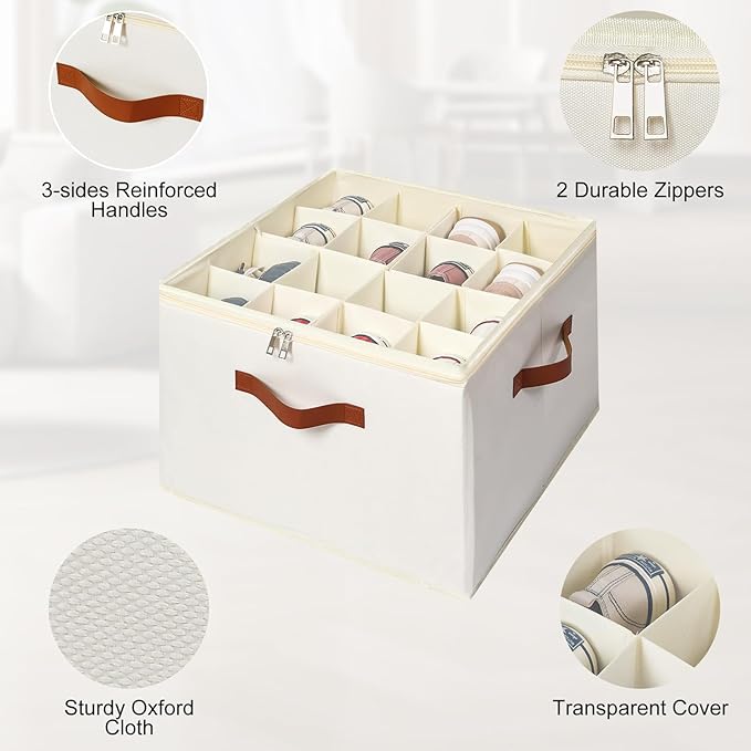 Fabric Shoe Organizer for Closet, Foldable Shoe Storage Bins with Clear Cover, Shoe Container with Adjustable Dividers, Fits up to 16 Pairs, White