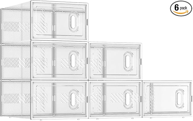 BALEINE 6 Pack Stackable Shoe Storage Boxes Fit Size 11, Thickened Clear Shoe Box Bins with Lids, Plastic Foldable Shoe Rack Organizer Sneaker Storage Containers (X-Large, White)