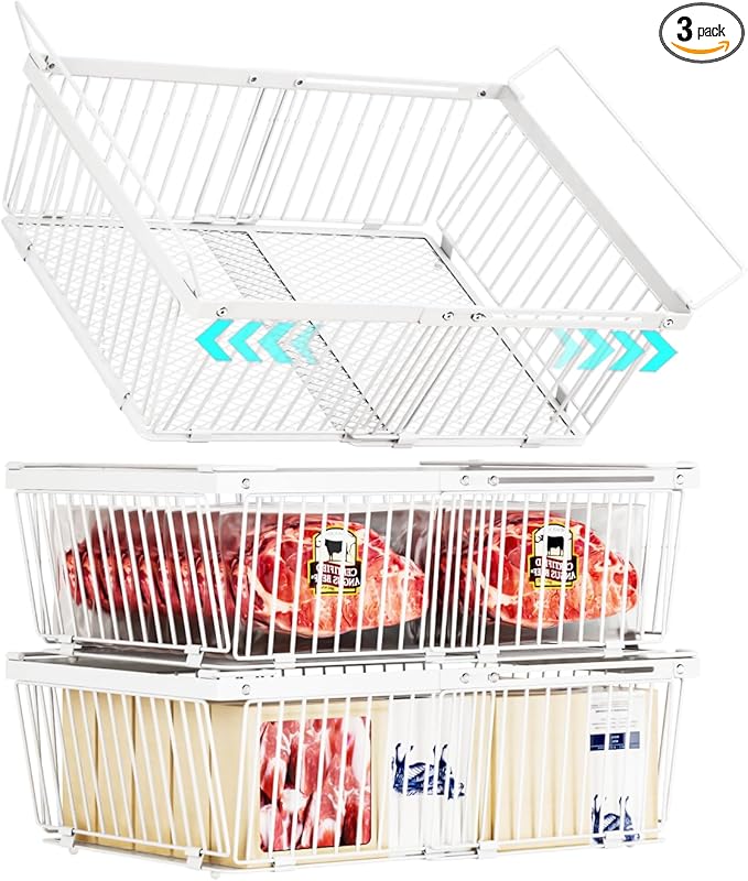 Large Freezer Organizer Bins，Upgraded Bottom Leak-Proof net，3 Pack， Expandable Stackable Chest Freezer Containers with Handle，for Fridge, Deep Freezer, Cabinet, Kitchen, Pantry (White-3Pack)