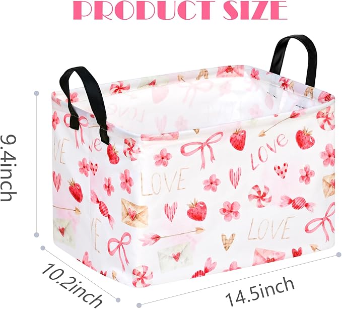 Empty Gift Basket for Girls Heart Print Storage Cube for Women, Closet Shelf Waterproof Organizer Bins with Handles Nursery hamper Kids Toys Books Box Room Deco